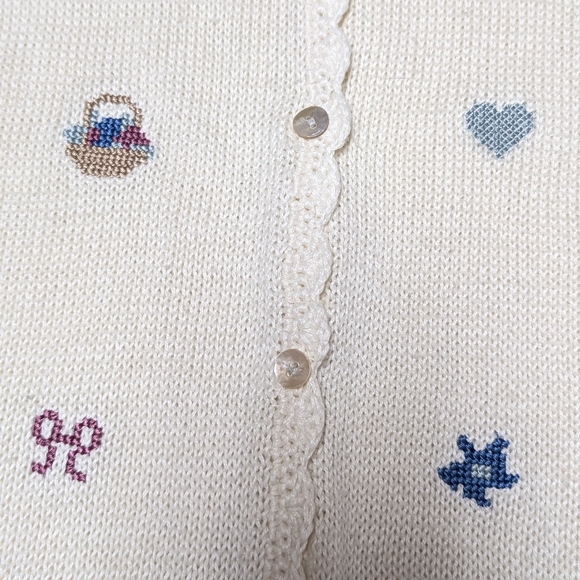 Vintage Teddi Embroidered Easter Basket Flower Cardigan Scallop Edge Grannycore - Picture 4 of 11